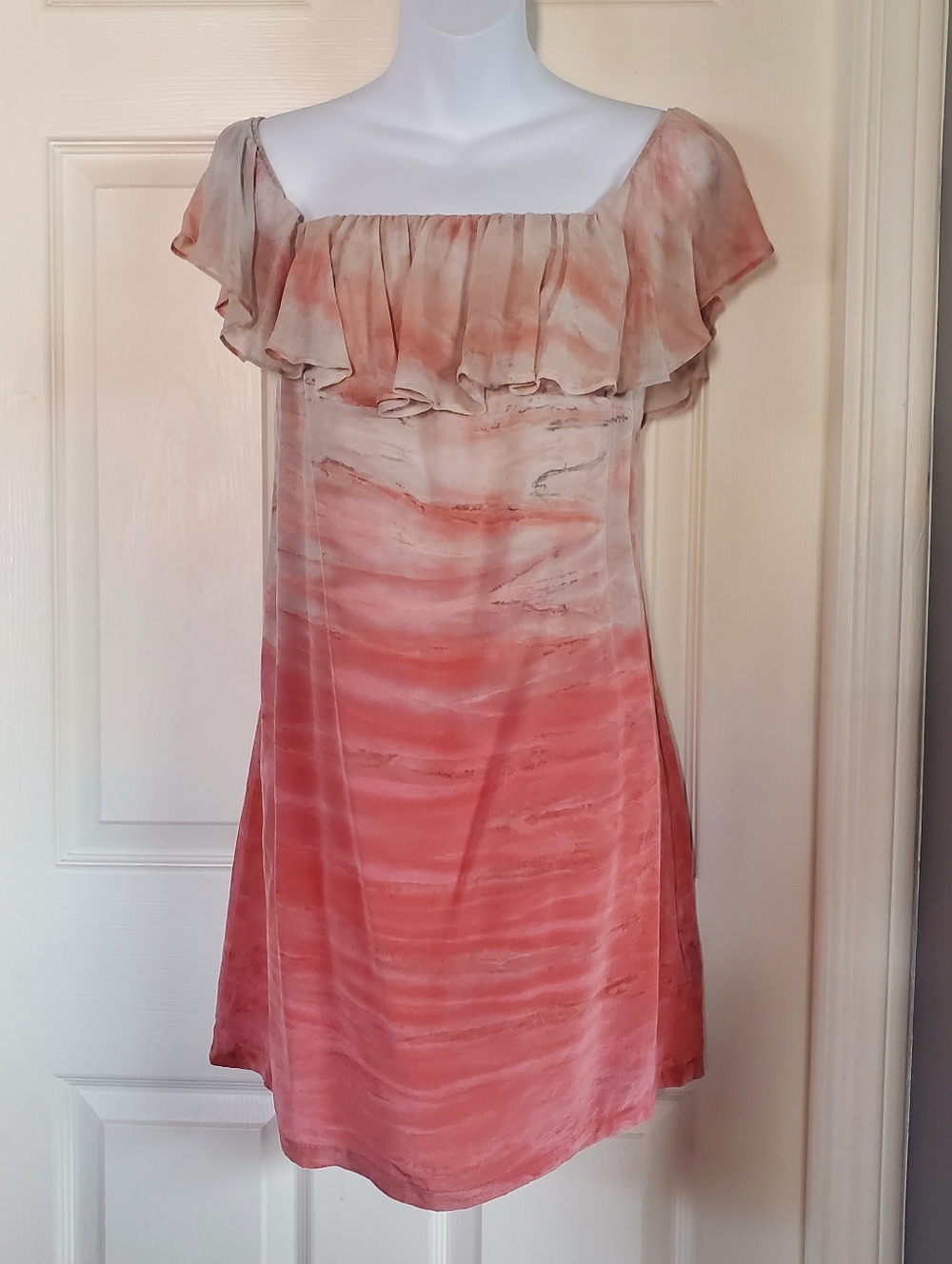 Gypsy 05 Silk Pink Cream Tie dye Off-the-Shoulder Dress Summer Bohemian Medium